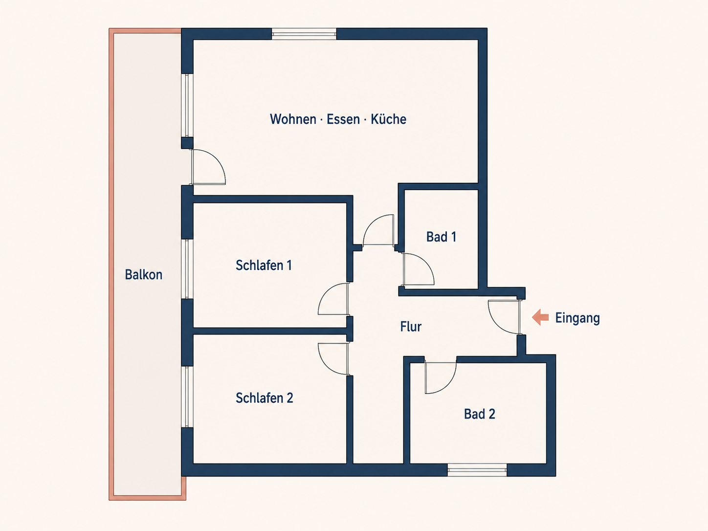 Leerer, um 90 Grad im Uhrzeigersinn gedrehter Grundriss der Krossen Krabbe: Eingang rechts, Flur, zwei Bäder, zwei Schlafzimmer, Wohnbereich und Balkon